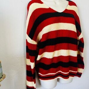 VICI NWOT sweaters fall striped Megan Twist back v neck sweater red cream black;